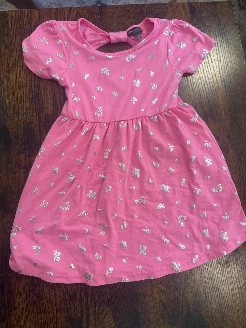 Girls' Pink Short-Sleeve Dress with Silver Foil Floral